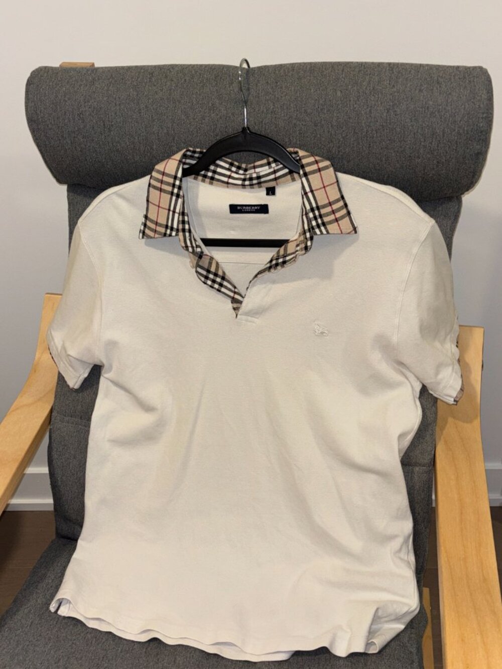 Burberry London Men’s Polo Shirt L - Cream with Nova Check Collar